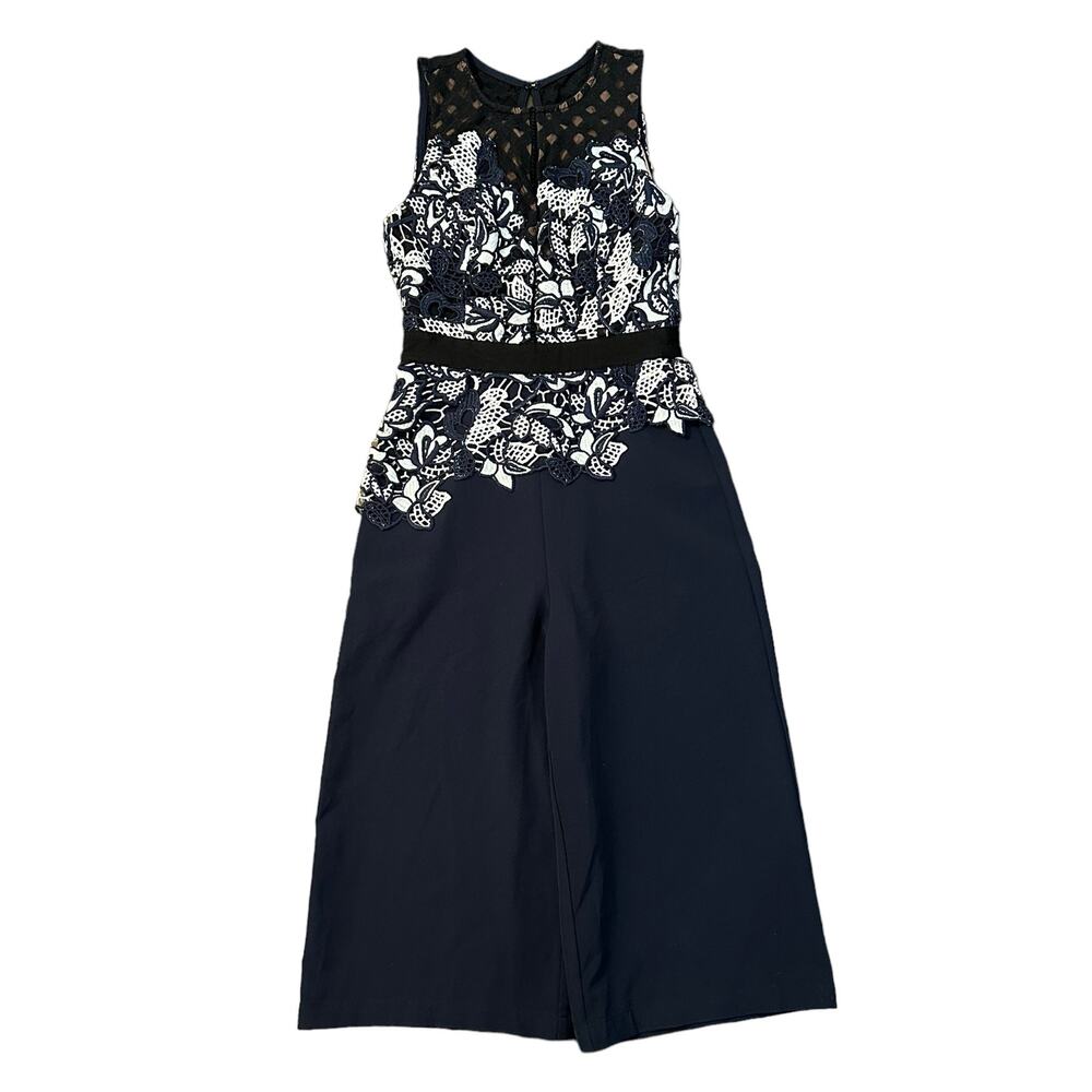 Adelyn Rae navy blue embroidered top cropped jumpsuit size XS